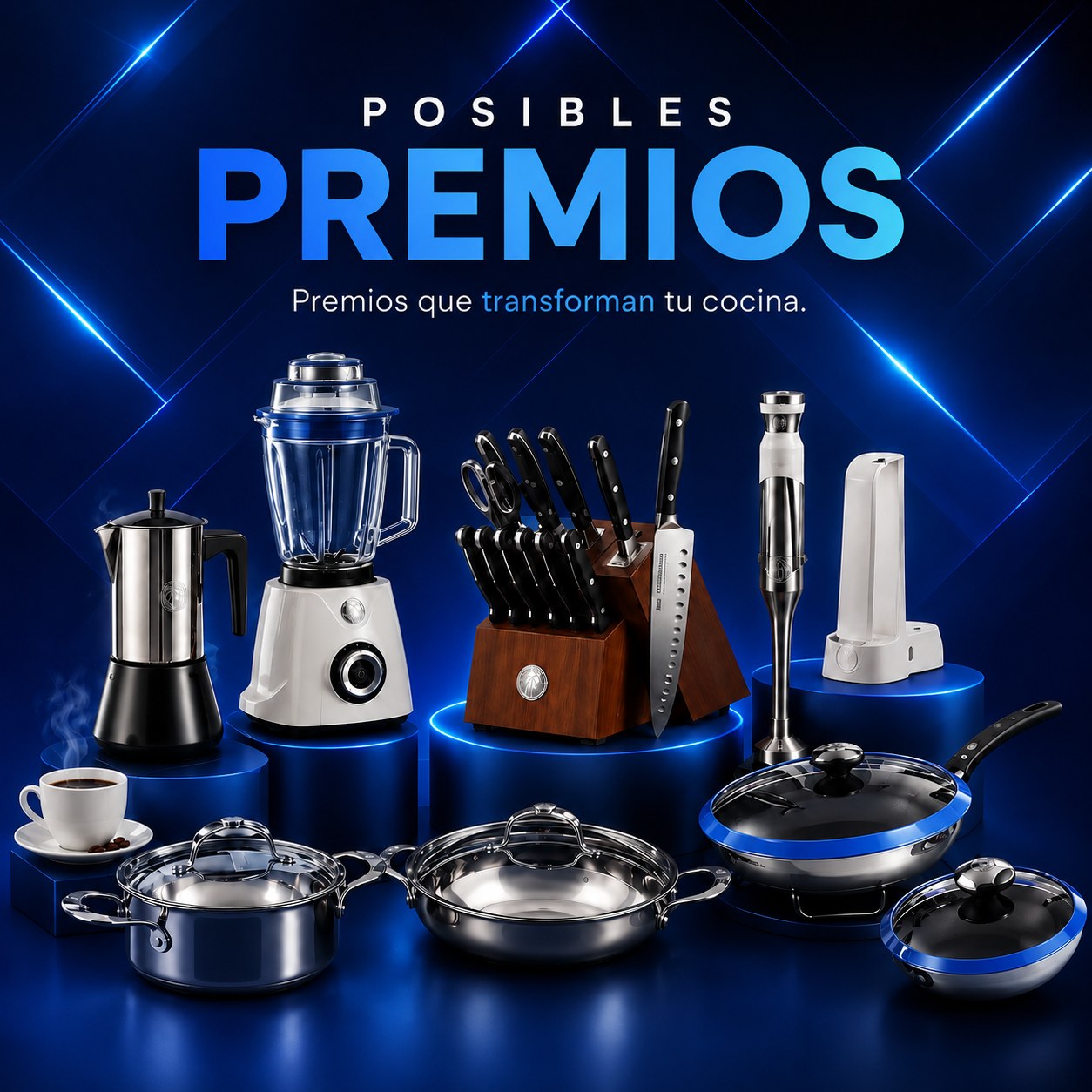 Posibles premios del programa Regala y Gana: cafetera, licuadora, juego de cuchillos, batidora de mano, ollas y sartenes